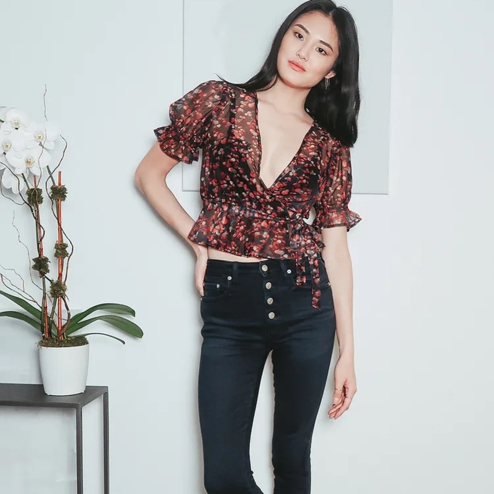 Lulu’s Signature Style Black Floral Print Sheer Ruffled Wrap Top